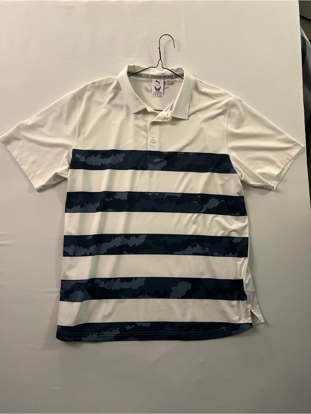 Puma White Polo with Navy Camouflage Stripe Accents